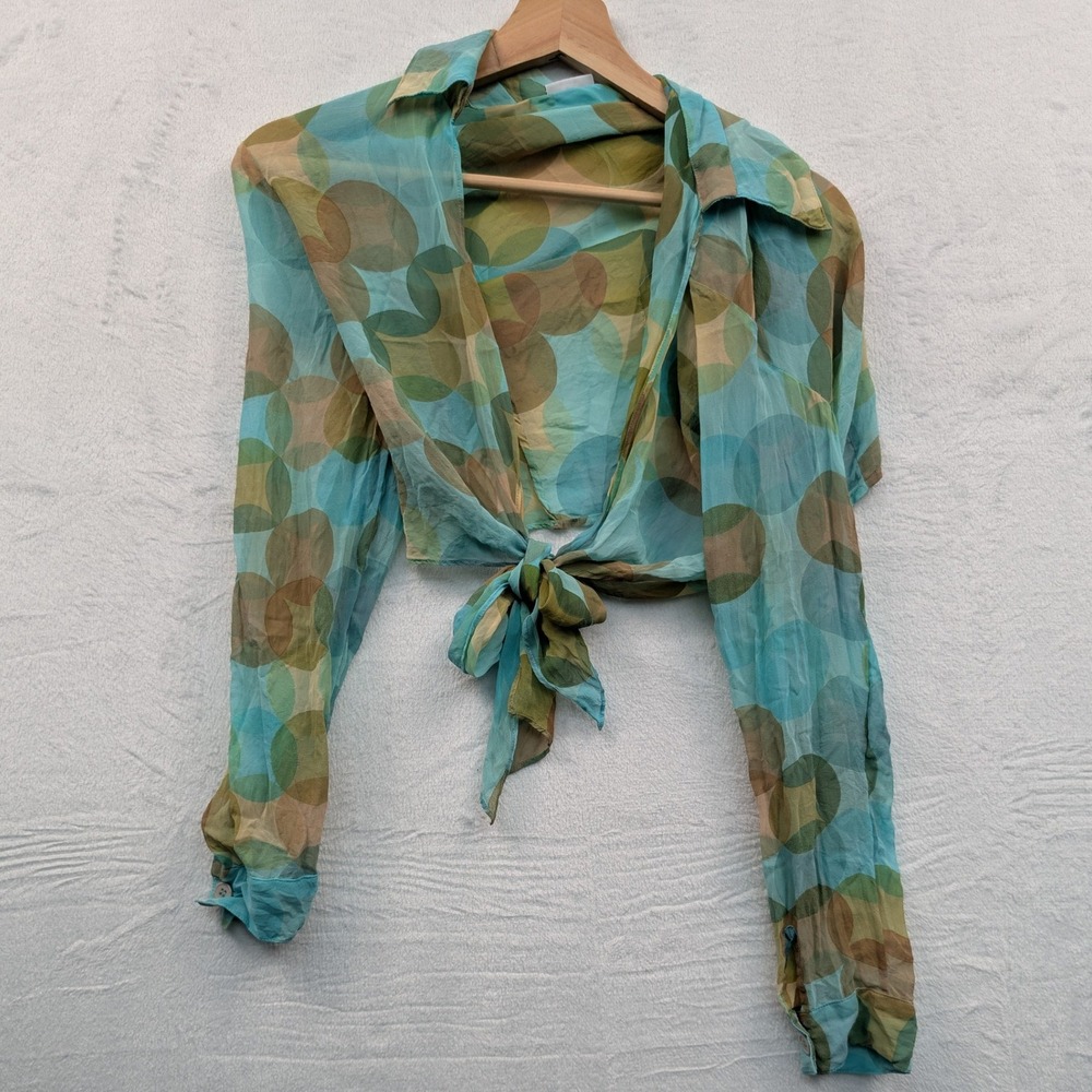 VTG Maggy London Top Women's 8 Teal Silk Sheer Geometric Tie Front Crop Boho Y2K